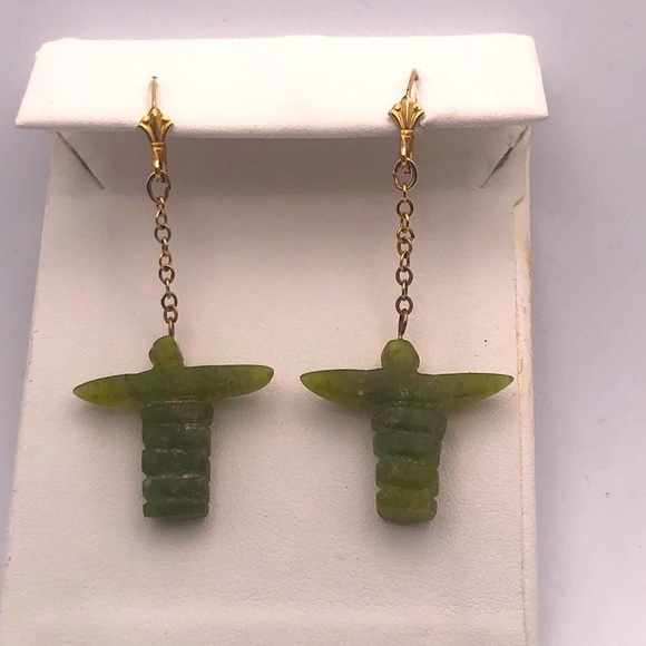 VTG 14k Gold & BC Canadian Nephrite Jade Inukshuk Totem Dangle Earrings 2.1” - Picture 4 of 6